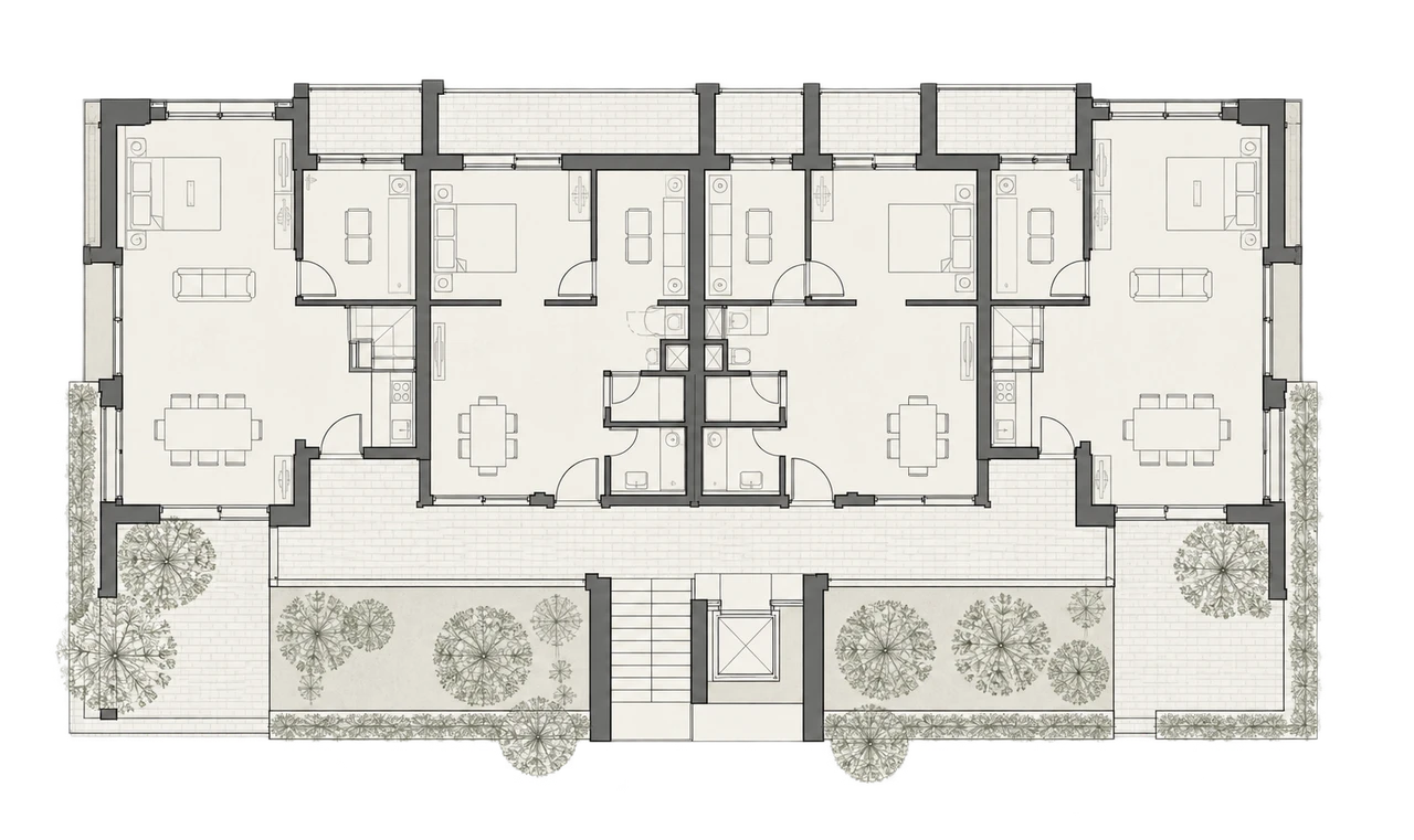 Illustrative floor plan with four residential units